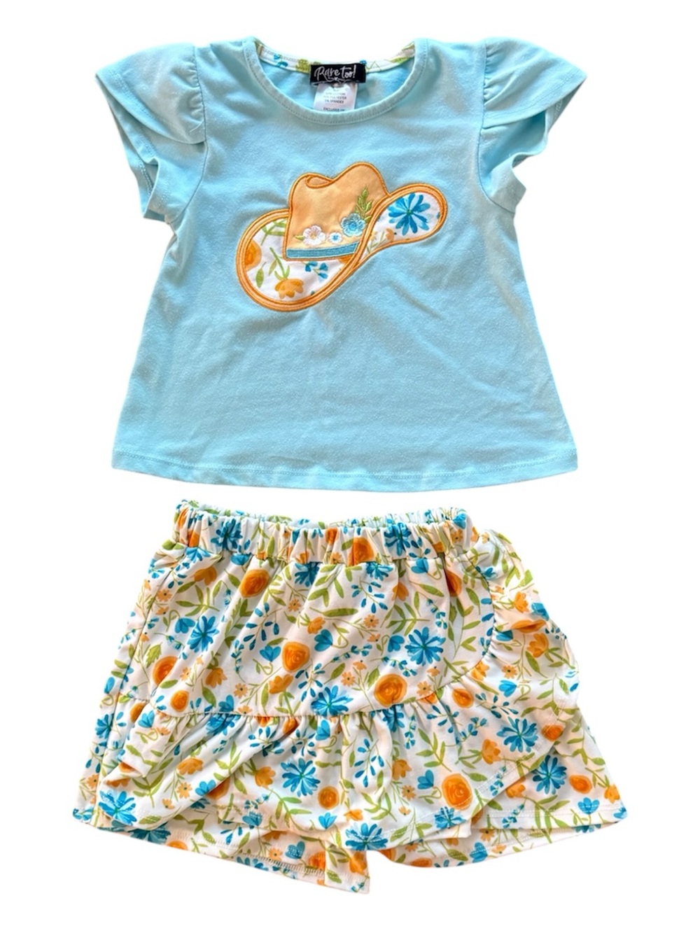 Rare Too Blue Coastal Cowgirl Cowboy Hat Applique Tee & Floral Skort Set 3T